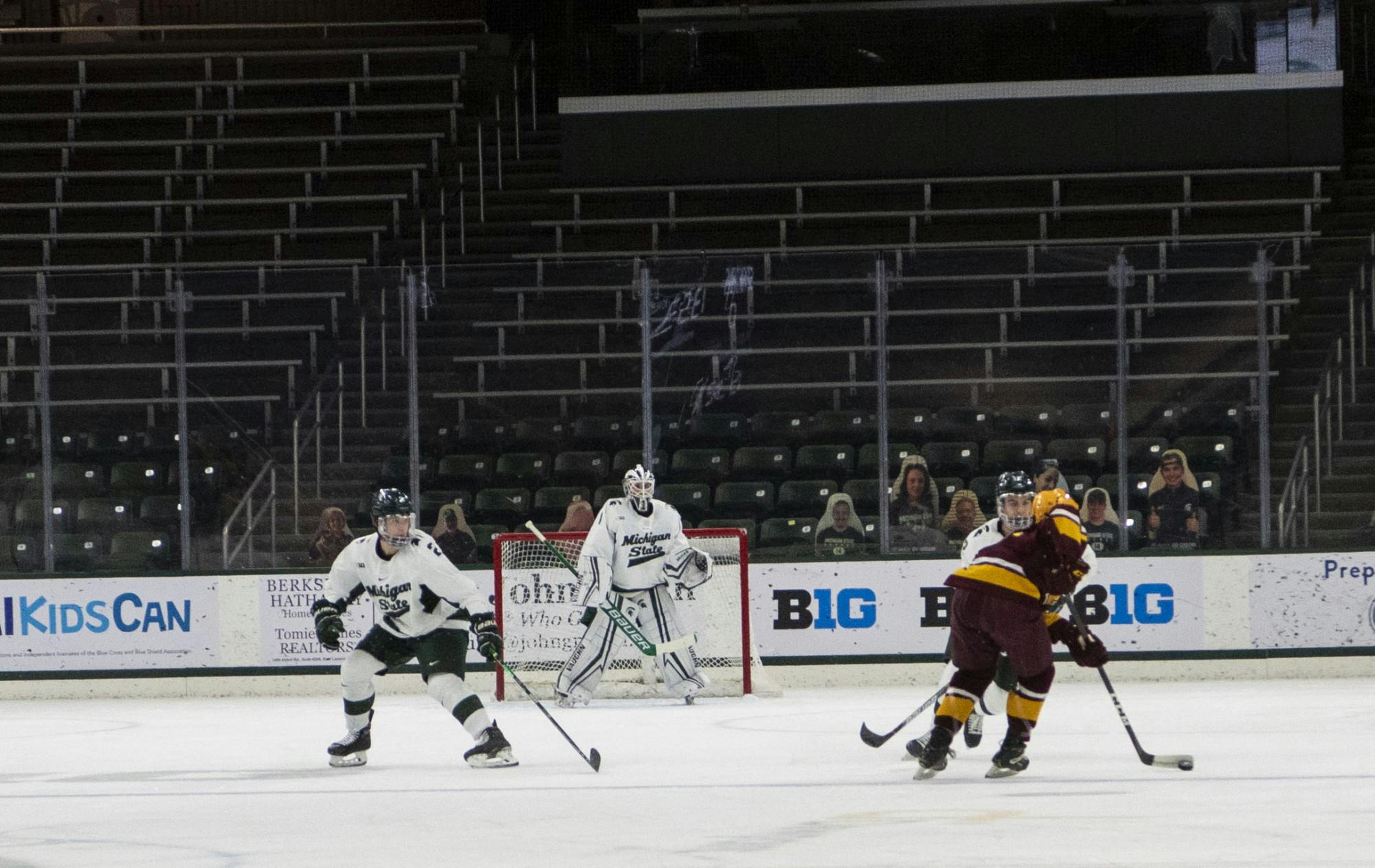 <p>No spectators will be allowed in Munn Ice Arena until further notice due to COVID-19 regulations. The Spartans fell to the Golden Gophers, 3-1, on Dec. 3, 2020.</p>