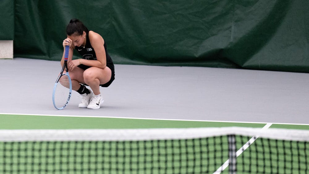 MSU’s Amara Brahmbhatt (sophomore) drops two sets during a match at the MSU Tennis Complex on Sunday, Mar. 22, 2026.