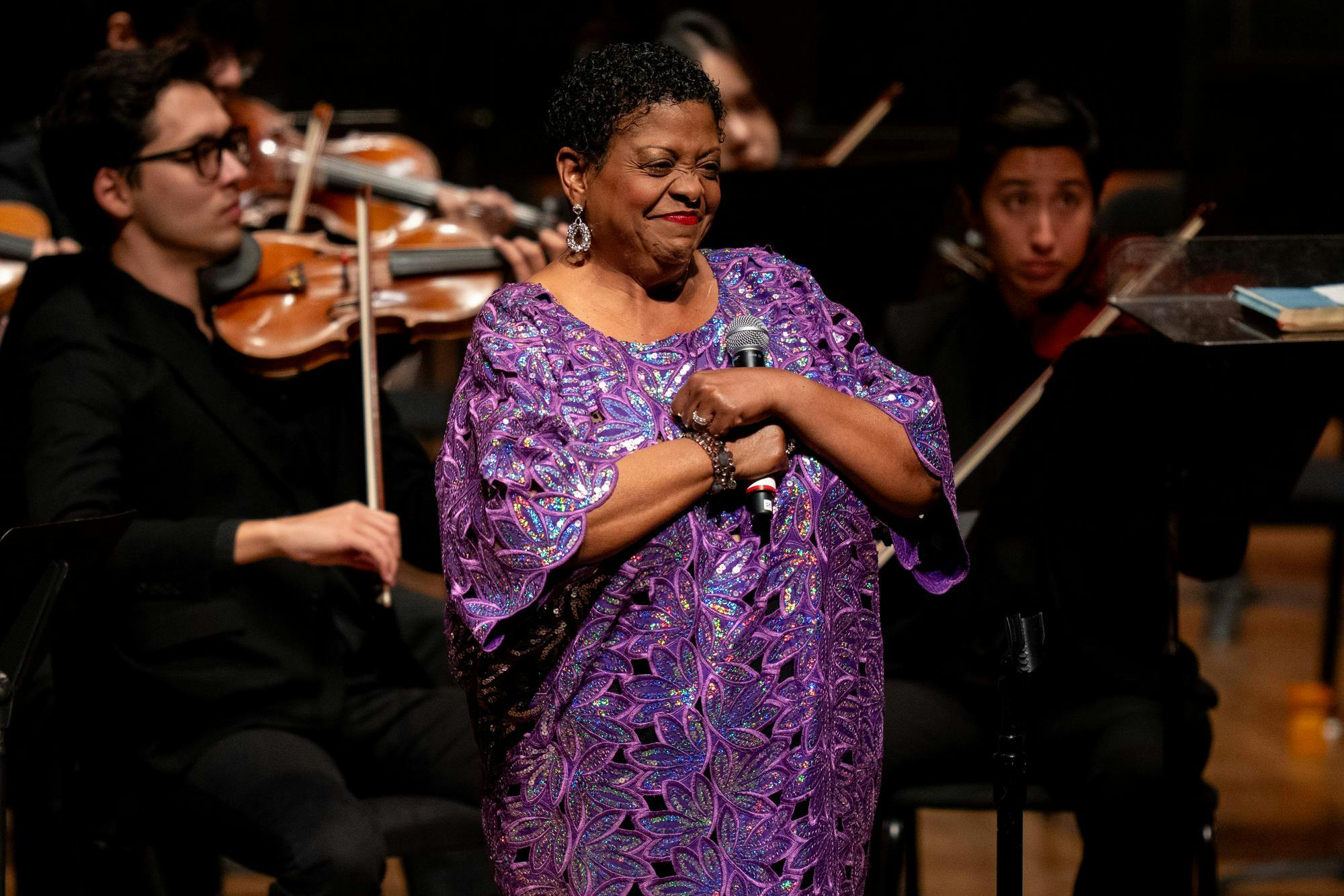 <p>Four-time Grammy nominee and 2024 Grammy Award winner Carmen Bradford, gets emotional after preforming during the Dr. &amp; Mrs. Wharton Tribute Concert in the Great Cobb Hall at Michigan State Universities Wharton Center for Performing Arts on Sunday, September 14, 2025.</p>