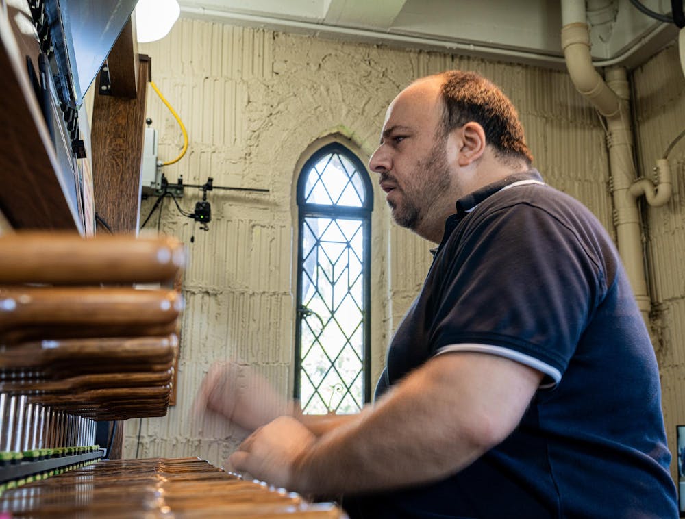 <p>MSU's Carillonist, Jon Lehrer, plays a song on the Carillon in Beaumont Tower, as he regularly does, during a tour for an alumni reunion in East Lansing, Mich., on May 28, 2026.</p>