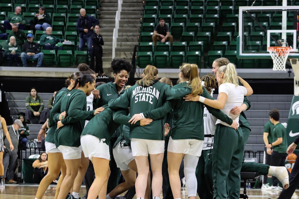 <p>Michigan State Women’s Basketball team takes on Purdue at the Breslin Center in East Lansing on Jan. 24, 2024. The team gets pumped up as they get ready to take on the Boilermakers.</p>