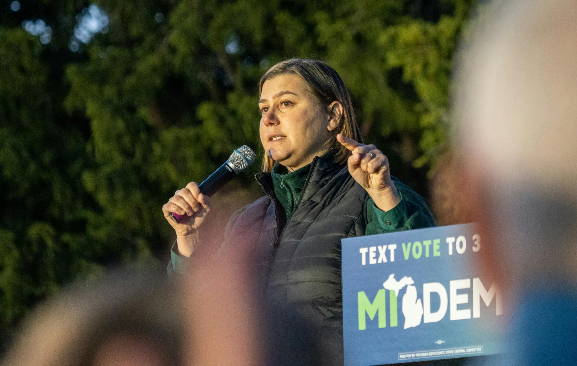 State Rep. Elissa Slotkin speaks out to the crowd at the Democratic GOTV Grand Finale Rally at MSU's Auditorium Field on Nov. 7, 2022. 