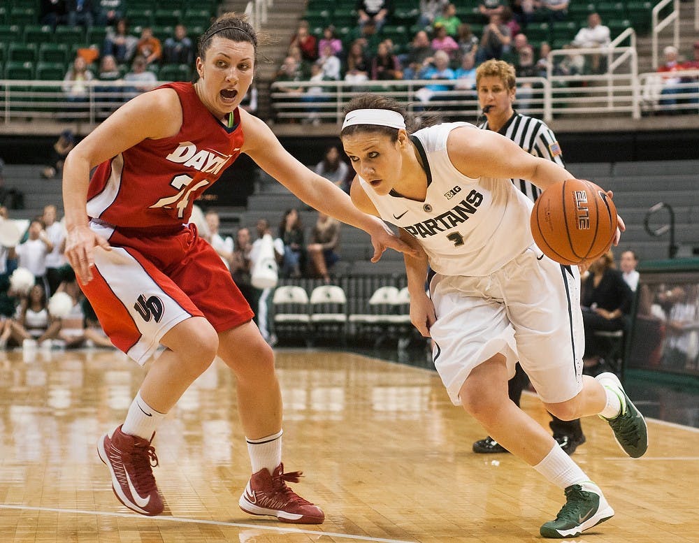 	<p>Freshman guard Tori Jankoska dribbles past Dayton guard Andrea Hoover on Nov. 17, 2013, at Breslin Center. <span class="caps">MSU</span> defeated Dayton in overtime, 96-89. Brian Palmer/The State News</p>