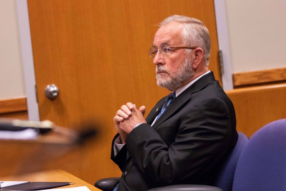 <p>Former MSU dean William Strampel sits during his preliminary hearing June 5, 2018 at the 54B District Court. Strampel is charged with four criminal charges including a fourth-degree criminal sexual conduct charge and a felony count of misconduct in office.</p>