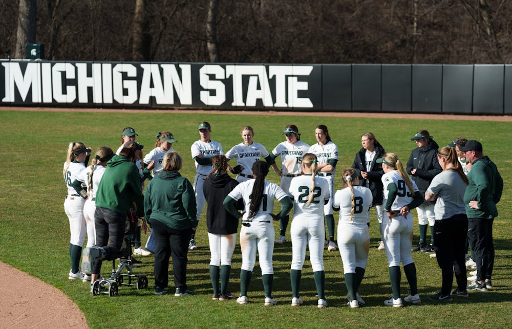 <p>Michigan State gathering around and discussing the game after they lost to Nebraska. Spartans lost 5-4 against Nebraska, on April 10, 2022.</p>