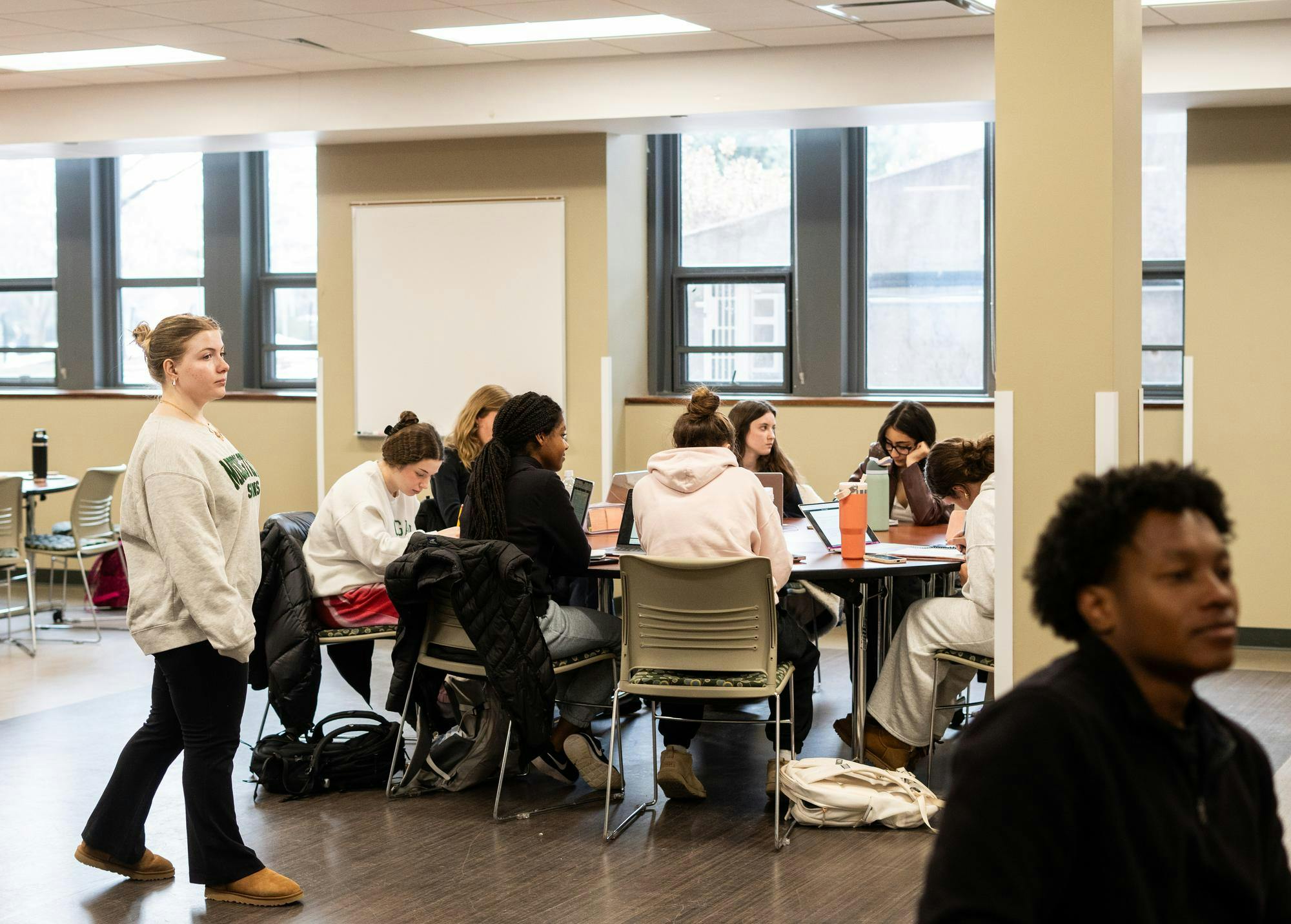 Michigan State students work on AI tutoring classwork at the MSU Union on Feb. 24, 2025