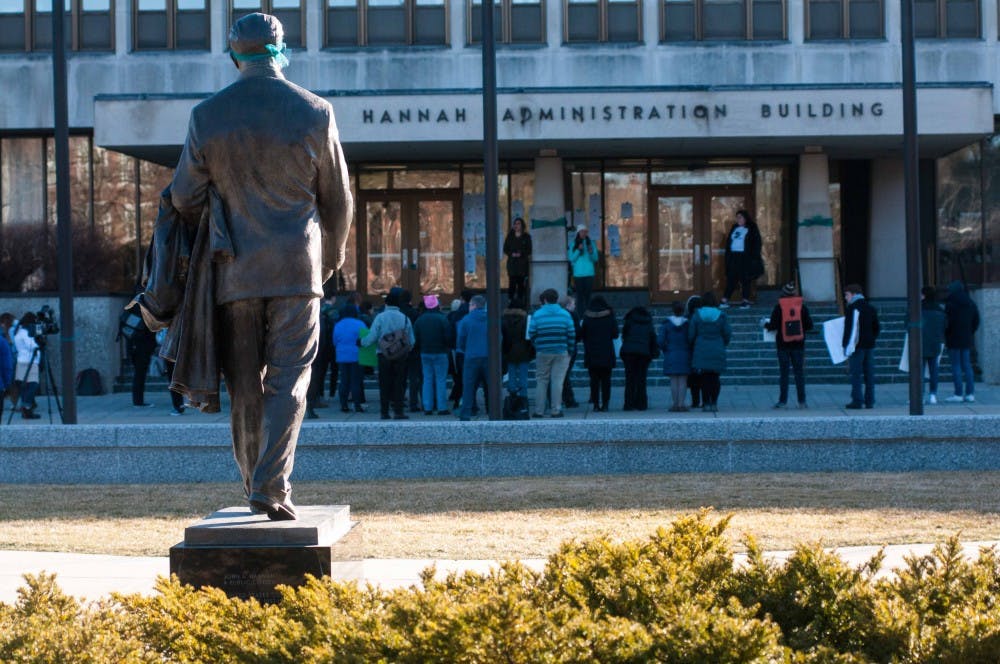 <p>Protesters gather at the Reclaim MSU Rally at the Hannah Administration Building on March 23, 2018. (Annie Barker | State News)</p>