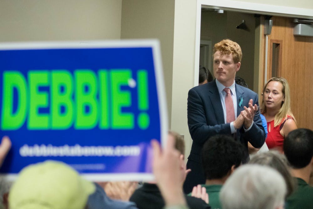 U.S. Rep. Joe Kennedy III enters the ballroom in the MSU Union on Sept. 19, 2018. Senator Debbie Stabenow spoke as well.