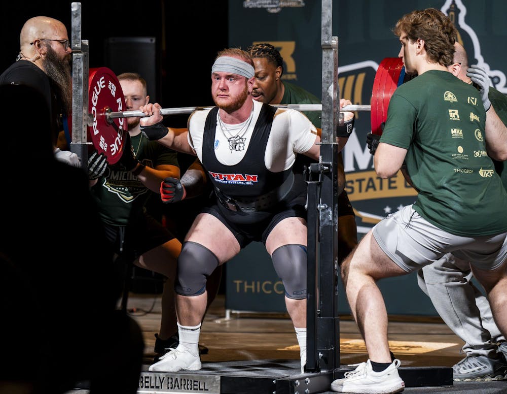 <p>Lucan Kern squats with 267.5 kg at the 2025 USA Powerlifting Michigan State Championships in Lansing, Mich., on Nov. 23, 2025.</p>
