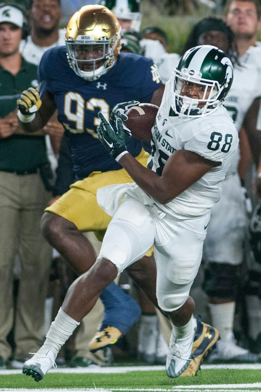 Senior wide receiver Monty Madaris (88) runs down the field during the game against Notre Dame on Sept. 17, 2016 at Notre Dame Stadium in South Bend, Ind. The Spartans defeated the Fighting Irish, 36-28.