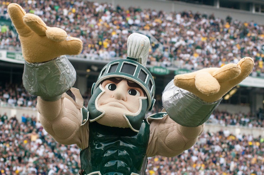 Sparty holds out his hands during the game against the University of Michigan on Oct. 29, 2016 at Spartan Stadium. The Spartans were defeated by the Wolverines, 32-23.