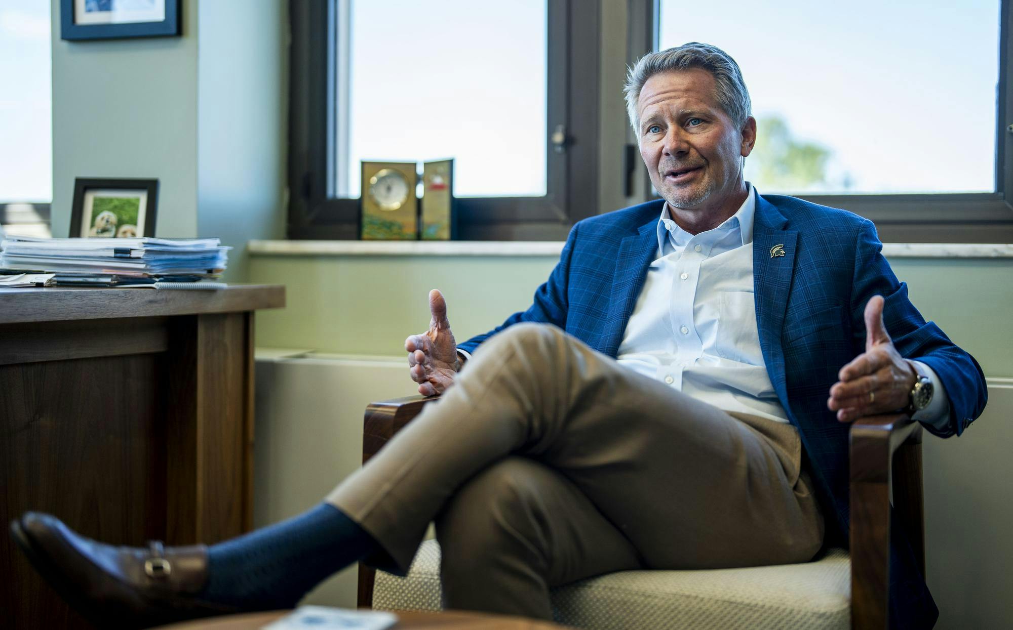 <p>Michigan State University president Kevin Guskiewicz in his office in the Hannah Administration Building in East Lansing, Mich. on Oct. 9, 2025.</p>