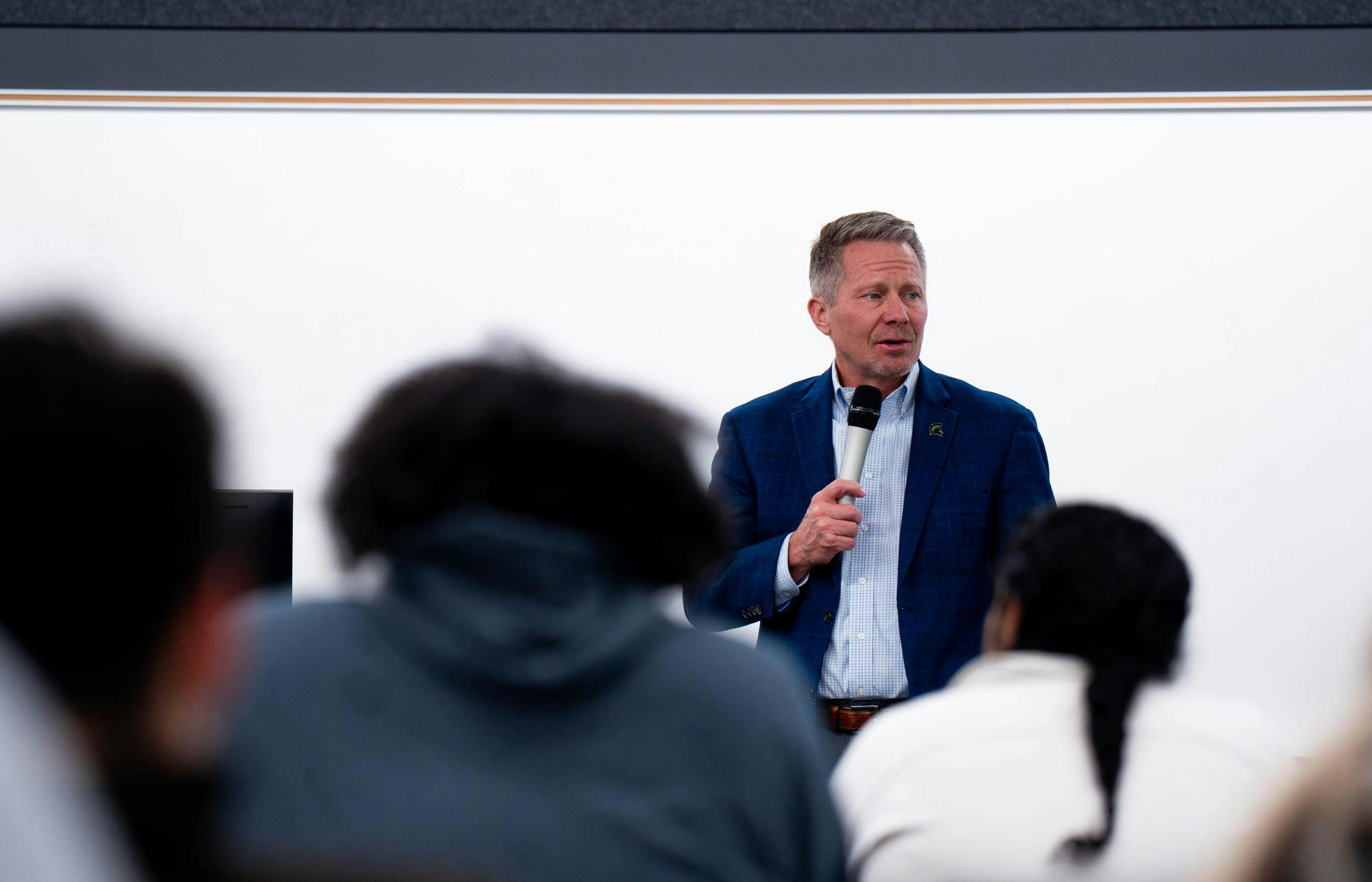 MSU president Kevin Guskiewicz addresses the general assembly during the ASMSU meeting at MSU International Center, in East Lansing, on Dec. 4th, 2025.