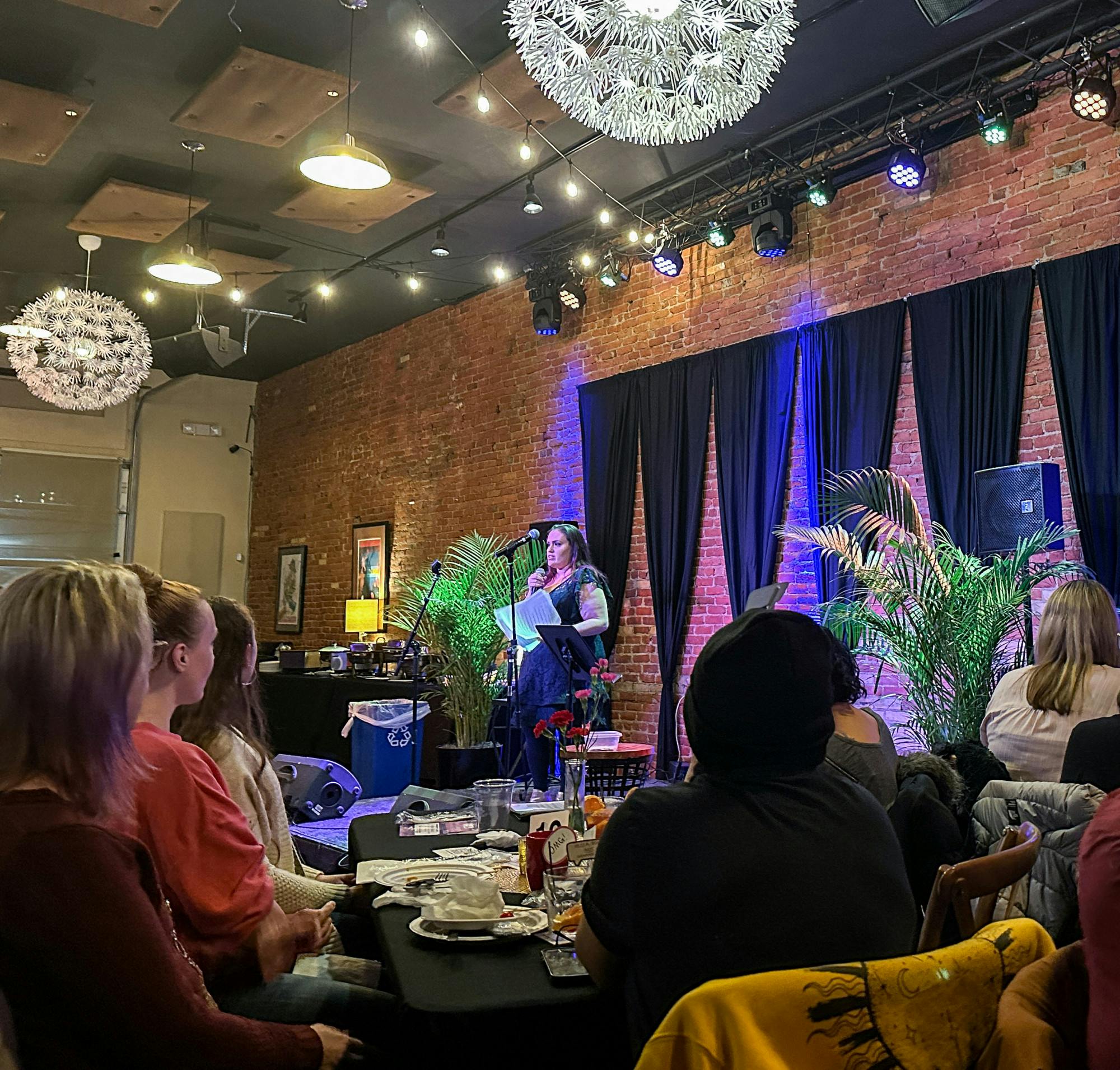 <p>The presenter, Rebecca Kasen, gave a speech before the We Laugh Comedy show hosted by the Women's Center of Greater Lansing on Feb. 25, 2023, in Lansing.</p>