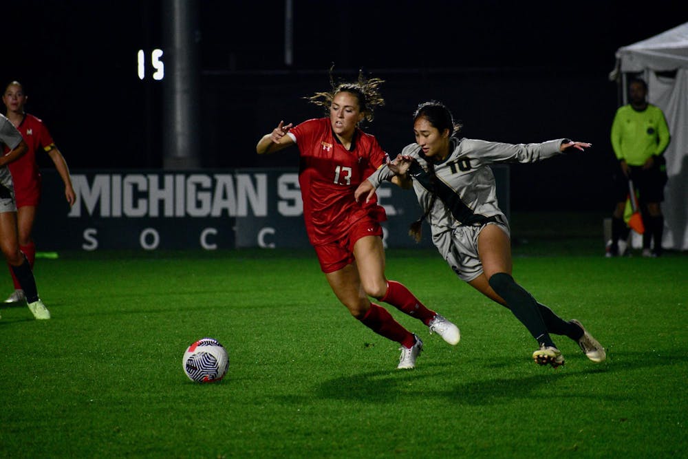 <p>Michigan State women's soccer senior midfielder Alex Hargrave, #10, attempts to steal the ball at a game against Maryland at DeMartin Stadium on Sept. 28, 2023. The Spartans won 5-0.</p>