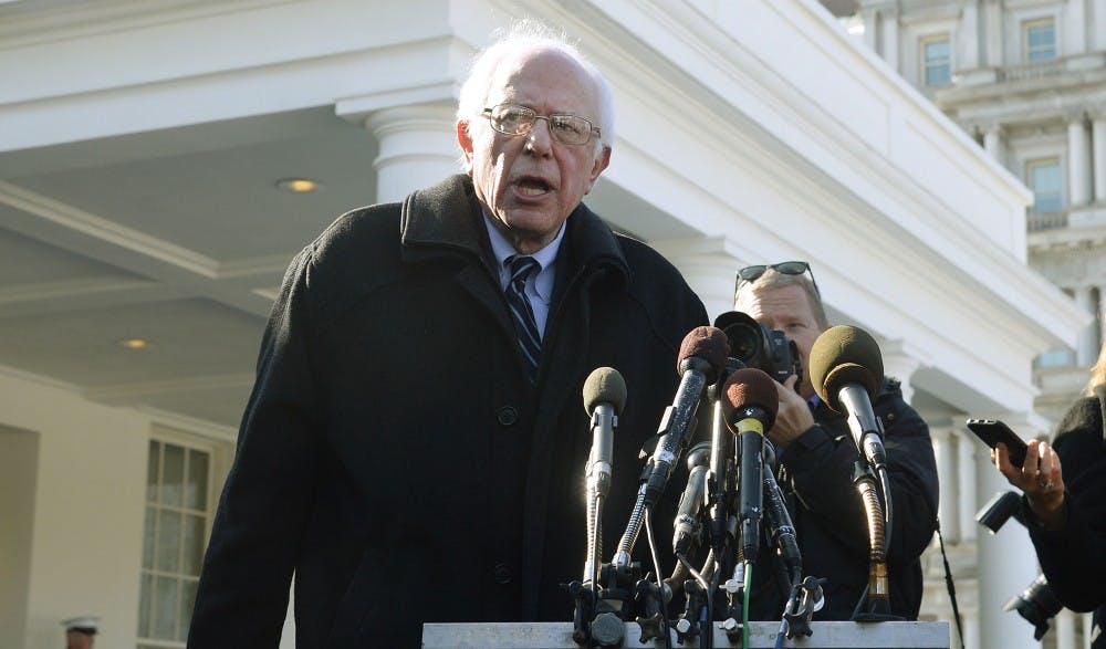 Democratic presidential candidate Sen. Bernie Sanders speaks to the media at the White House after meeting with President Barack Obama on Wednesday, Jan. 27, 2016. (Olivier Douliery/Abaca Press/TNS)