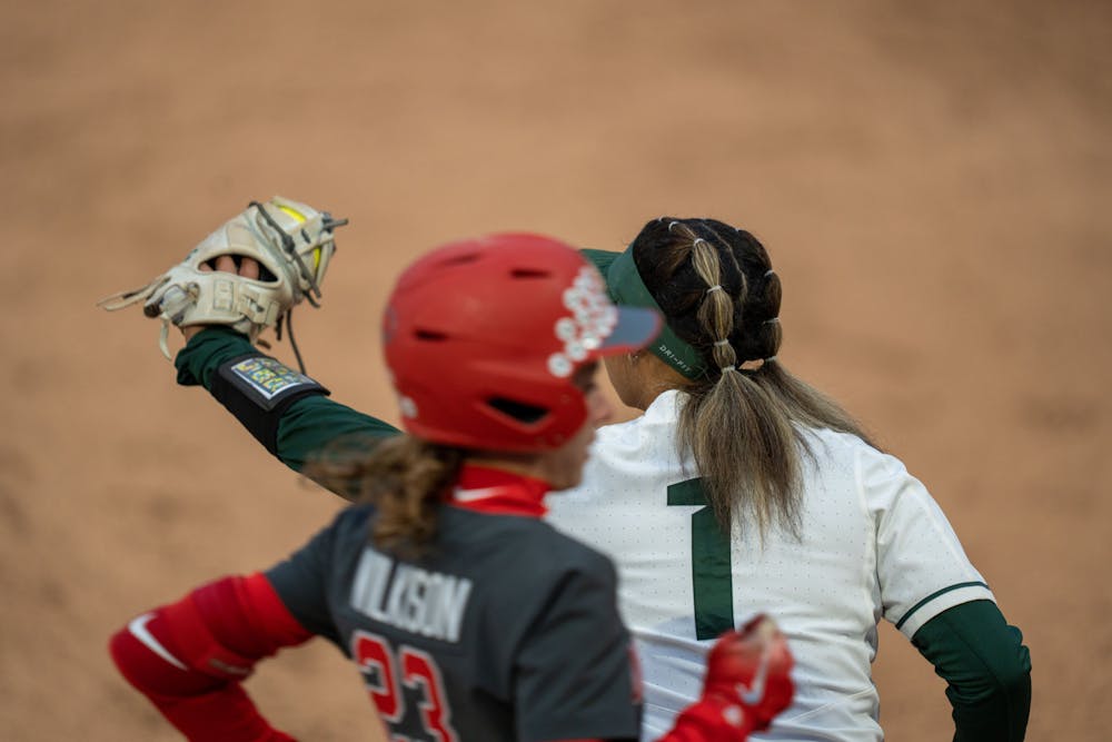 First basemen Camryn Wincher makes a putout during the game versus Ohio State on April 1, 2022. Michigan State lost 3-0. 