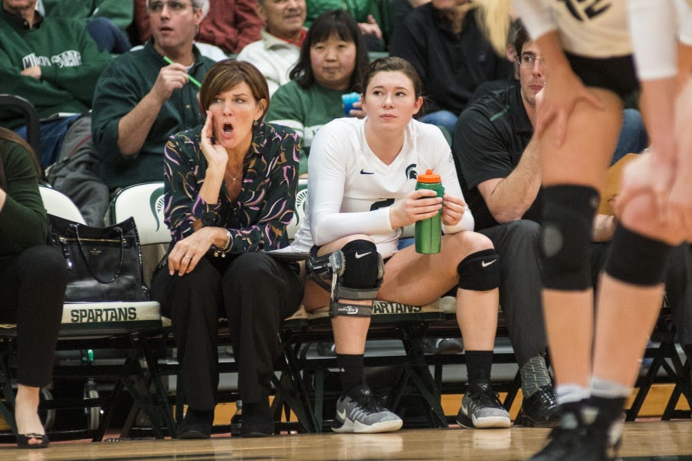 Head coach Cathy George calls out to the team during the first round of the NCAA Championship against Fairfield University on Dec. 2, 2016 at Jenison Field House. The Spartans defeated the Stags, 3-0.
