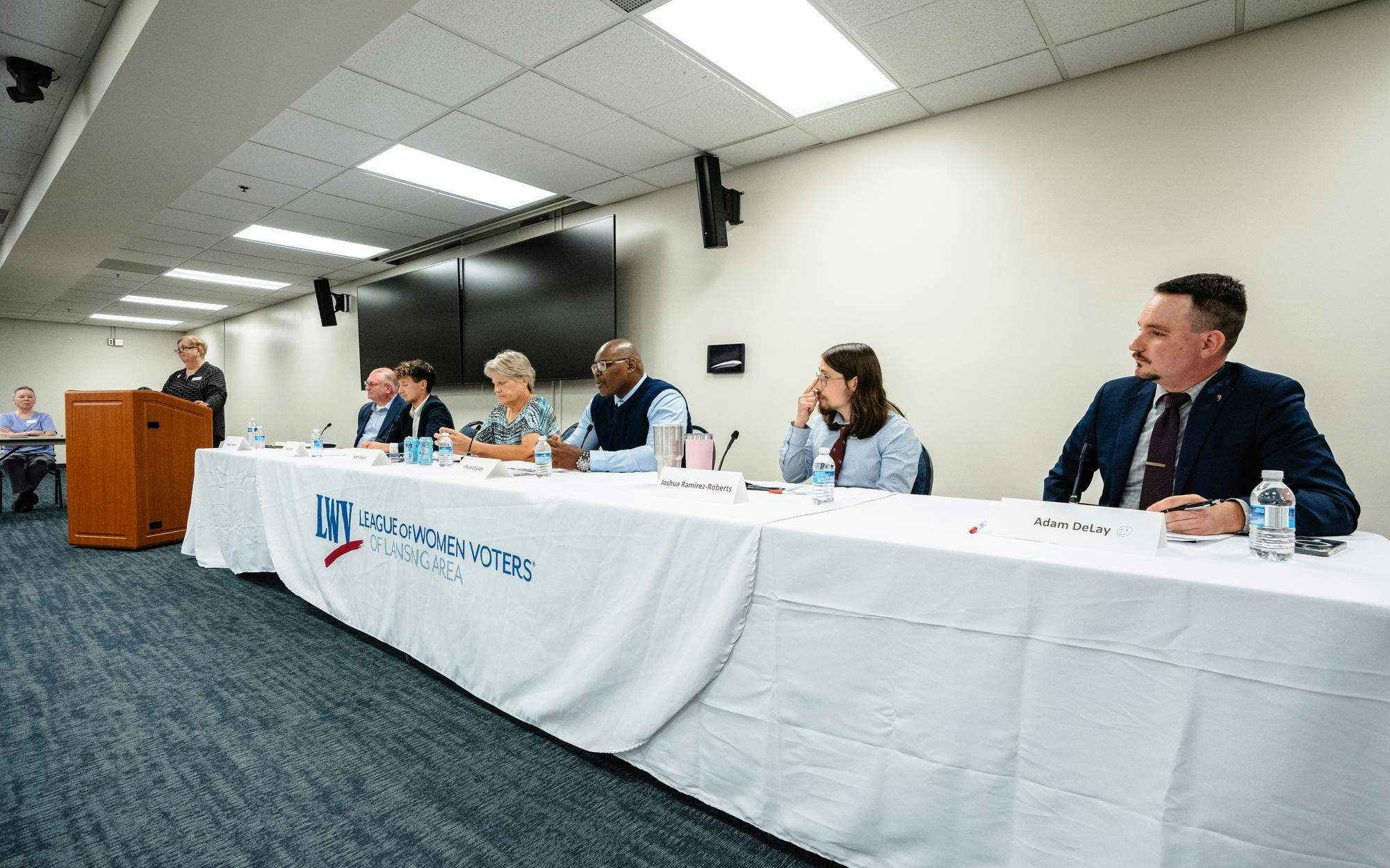 <p>East Lansing City Council candidates respond to community questions during a forum held at the Hannah Community Center in East Lansing, Michigan on Sept. 17, 2025.</p>