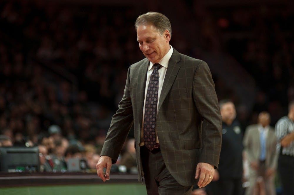 Head coach Tom Izzo after he speaks to a referee about a foul on Dec. 22, 2015 during the game against Oakland University at the Palace of Auburn Hills in Auburn Hills, Mich. The Spartans defeated the Grizzlies, 99-93 in overtime.