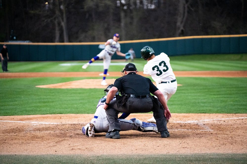 <p>Senior outfielder Casey Mayes knocks the ball over the WIU pitcher's head at McLane Baseball Stadium on Friday, April 14, 2023. Mayes has recorded a batting average of .271 so far this season.</p>