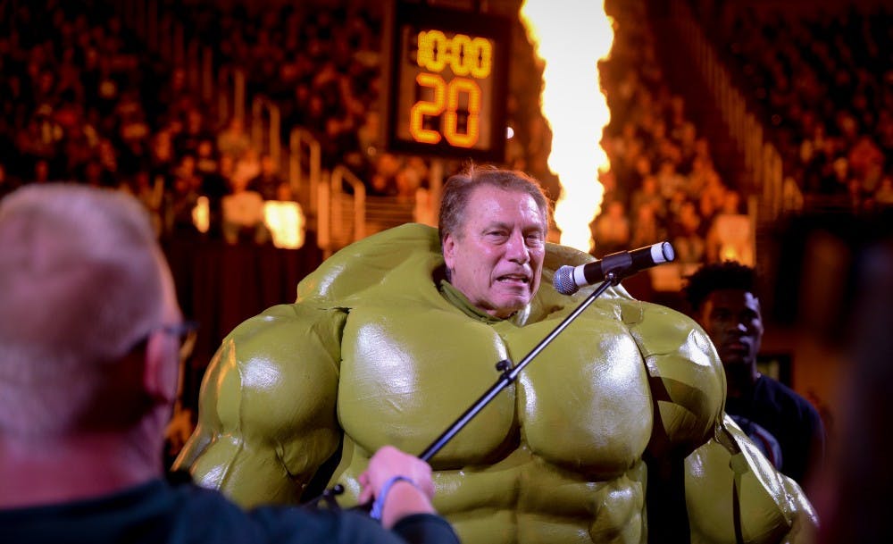 MSU men's basketball coach Tom Izzo dresses up as the Incredible Hulk during Michigan State Madness at the Breslin Center on October 25, 2019. 