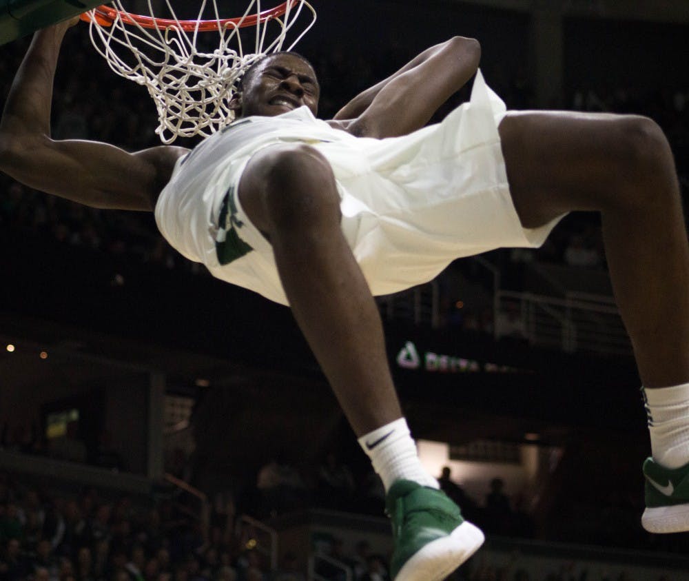 Freshman forward Jaren Jackson Jr. (2) dunks the ball during the game against North Florida on Nov. 10, 2017, at Breslin Center. The Spartans defeated the Ospreys 98-66.