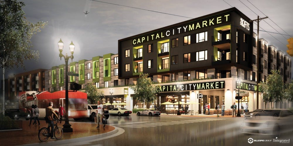 <p>Artist's rendering of the Capital City Market development project, planned to be built on the corner of Michigan Avenue and Larch Street in downtown Lansing. The $40 million project will include a full-service grocery store, a hotel and apartment units. <strong>Courtesy of the Gillespie Group.</strong></p>