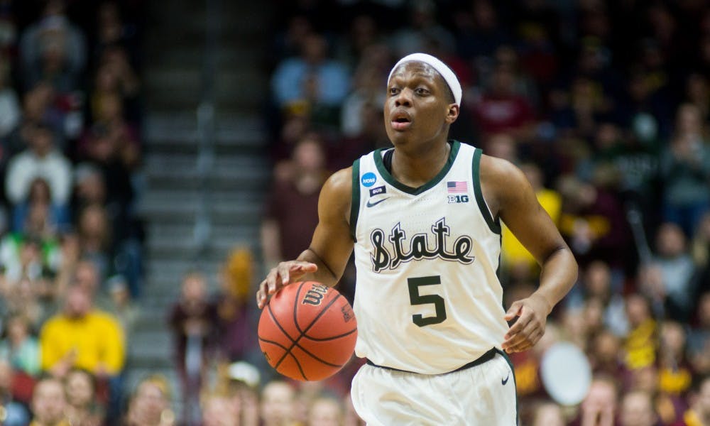 <p>Junior guard Cassius Winston (5) dribbles the ball during the second round game of the NCAA tournament against Minnesota at Wells Fargo Arena March 23, 2019. The Spartans defeated the Gophers, 70-50.</p>