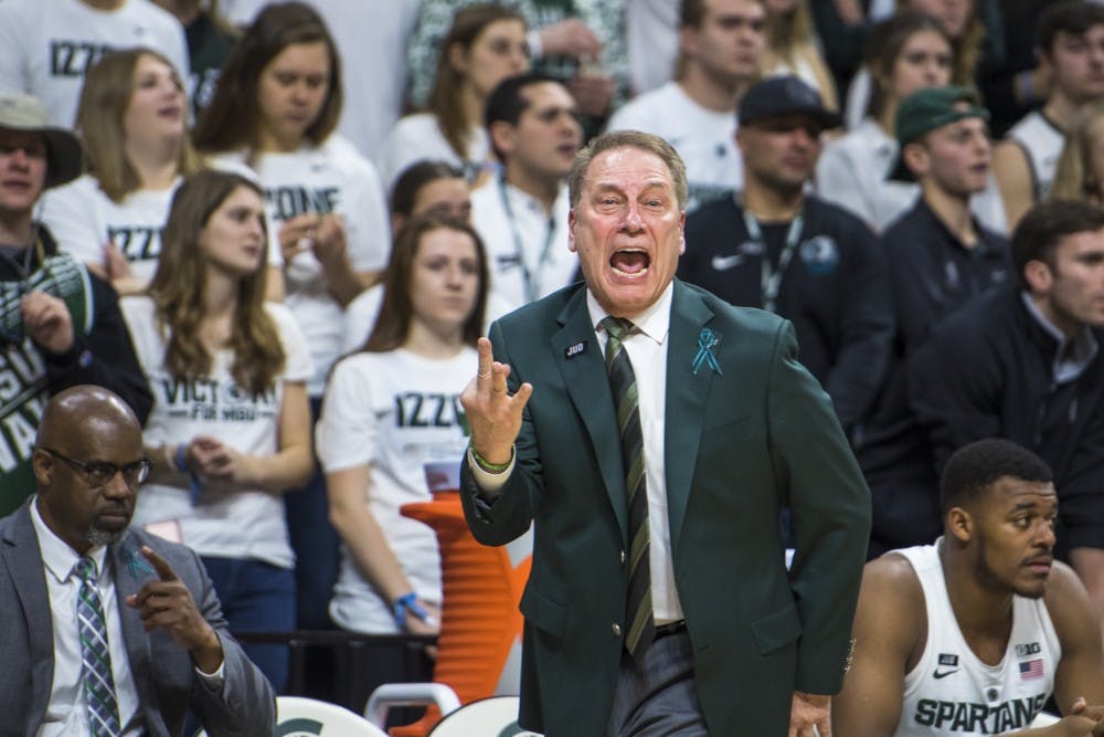 Michigan State’s head coach Tom Izzo expresses emotion during the second half of the men's basketball game against Purdue on Feb. 10, 2018 at Breslin Center. The Spartans defeated the Boilermakers, 68-65. (Nic Antaya | The State News)