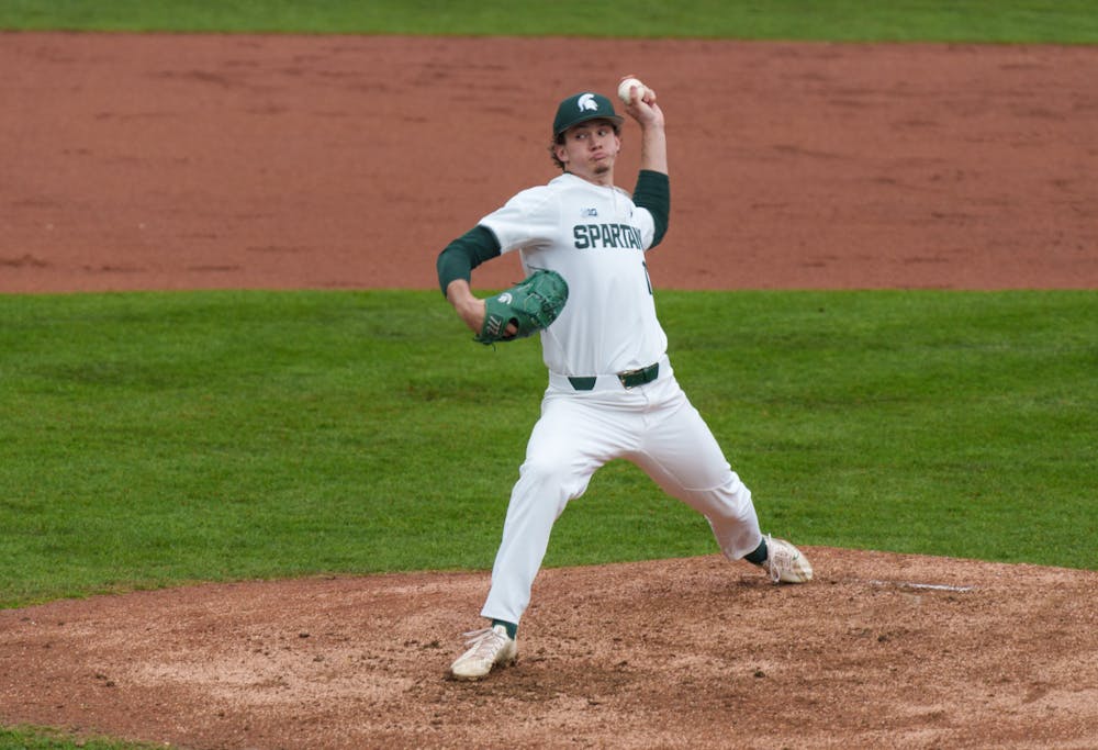 <p>Michigan State freshman Aiden Arbaugh pitches against Youngtown State at McLane Baseball Stadium on March 30, 2022. Spartans are victorious 12-5 against Youngtown State.</p>
