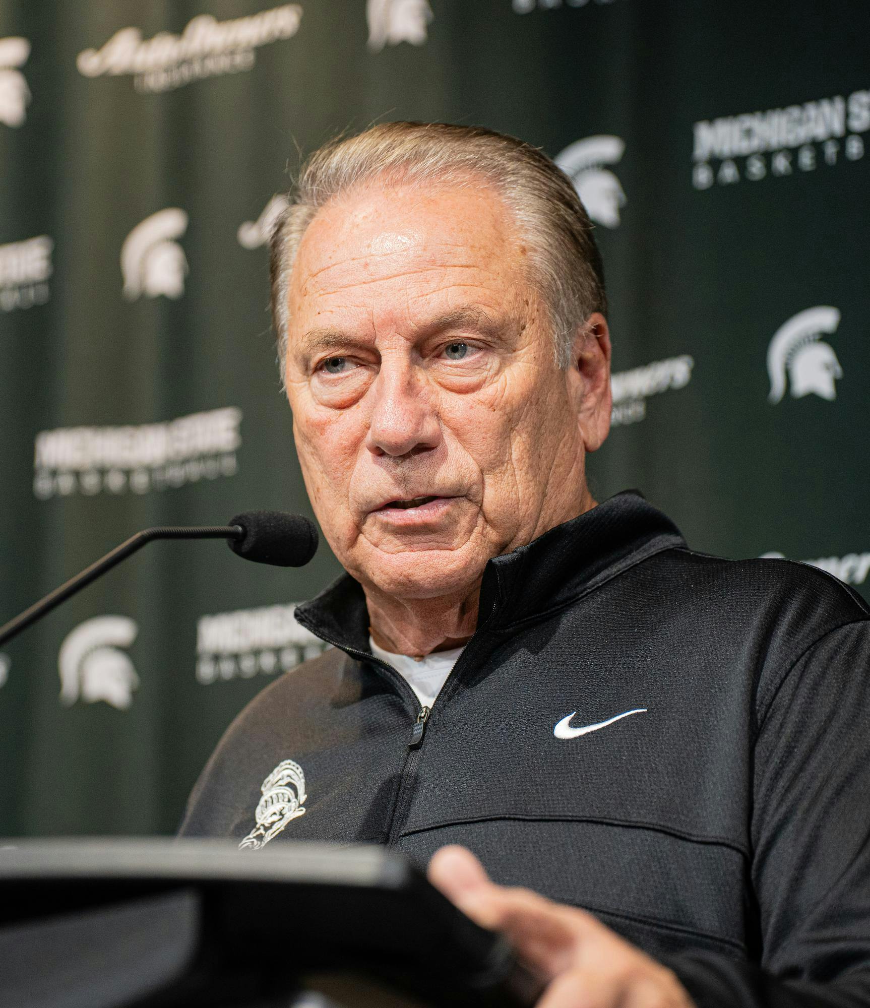 MSU basketball head coach Tom Izzo speaking during the MSU basketball media day at the Breslin Center in East Lansing, Michigan on Oct. 16, 2025.