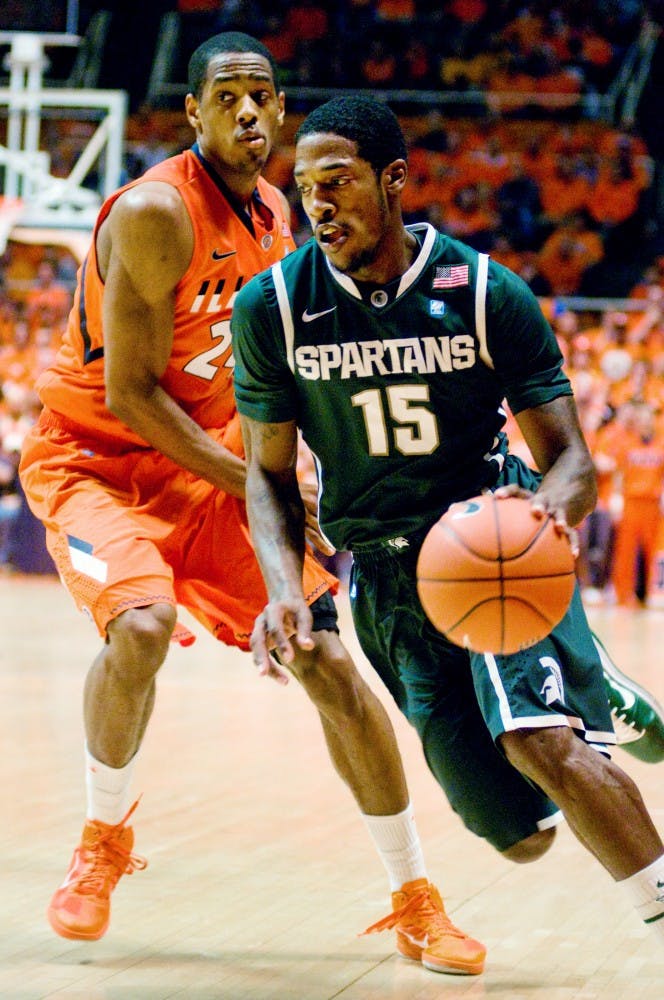 Senior guard Durrell Summers drives the ball toward the basket against Illinois on Jan. 18  at Assembly Hall in Champaign, Ill. The Spartans lost to the Fighting Illini in their first meeting 71-62. They will face them again on national television this Saturday at Breslin Center. Katy Joe DeSantis/The State News