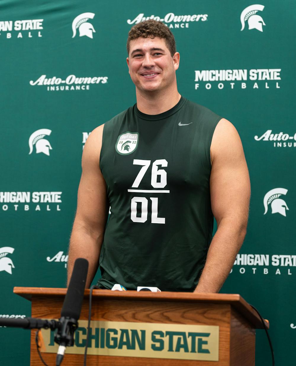 <p>When asked what he was trying to display for Pro Day, Michigan State graduate student AJ Arcuri said &quot;My athletic ability, my explosiveness with the jumps, my length, (and) versatility being able to play multiple positions,&quot; during a press conference on Mar. 16, 2022 in the Duffy Daugherty Indoor Football Building.</p>