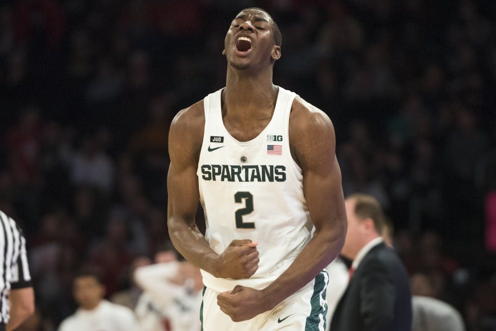 Freshman forward Jaren Jackson Jr. (2) expresses emotion after fouling out during the second half of the 2018 Big Ten Men's Basketball quarterfinal game against Wisconsin on March 2, 2018 at Madison Square Garden in New York. (Nic Antaya | The State News)