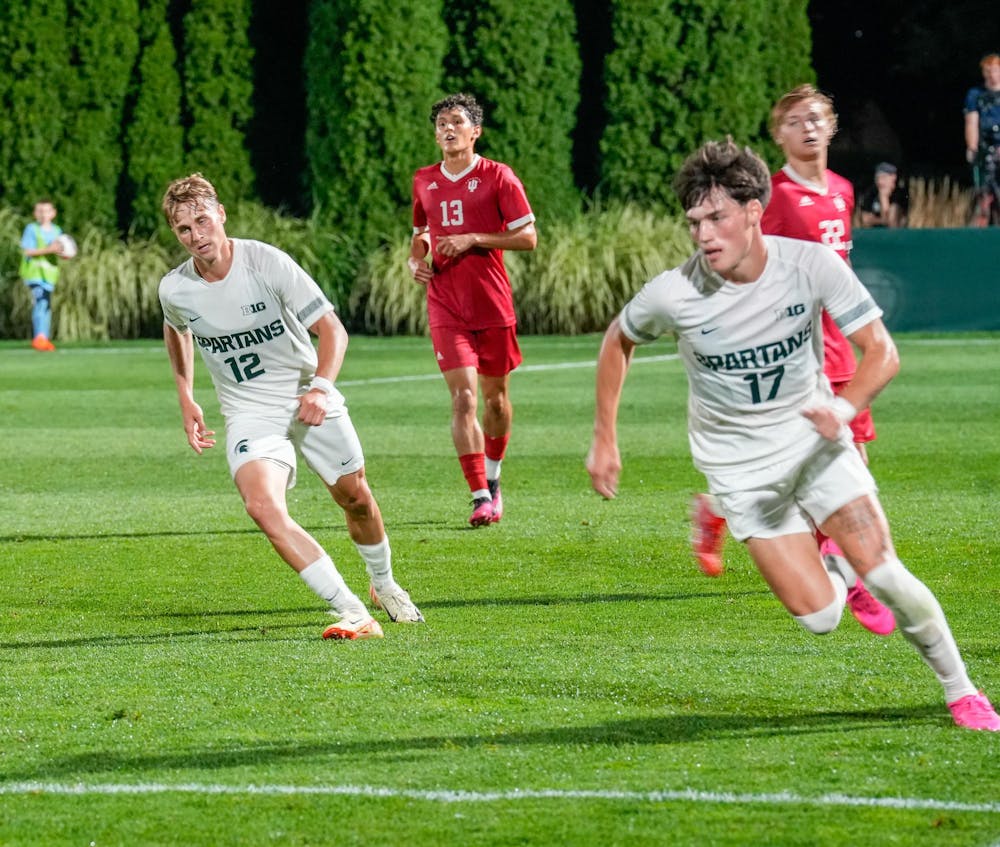 <p>Michigan State’s players, Cristiano Bruletti and Jeremy Sharp during the game against Indiana University at DeMartin Soccer Field on Sept. 22, 2023.</p>