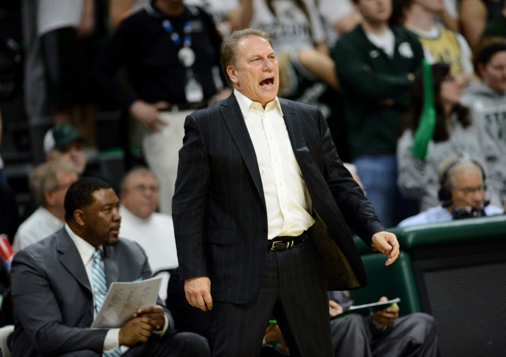 Head coach Tom Izzo yells at his players during the first half of the game against Rutgers on Jan. 31, 2016 at Breslin Center. The Spartans defeated the Scarlet Knights, 96-62. 