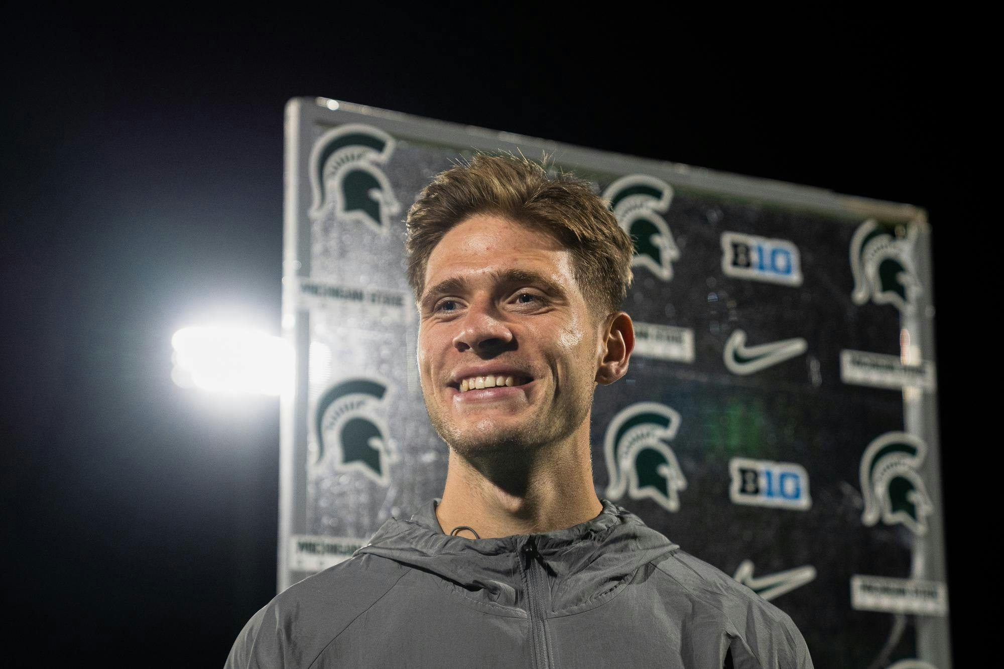 <p>Michigan State senior forward Levin Gerhardt (23) smiles to a reporter after a match against Air Force in East Lansing on Sept. 6, 2024. The Spartans scored a goal and conceded shortly after in the second half, finishing with a score of 1-1</p>