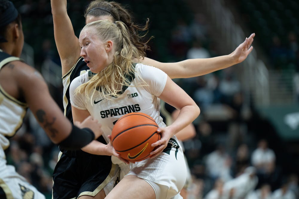 <p>Sophomore guard Matilda Ekh guarding the ball at the Purdue v. MSU game held at the Breslin Center on December 5, 2022.The Spartans lost to the Boilermakers 76-7.</p><p><br/><br/><br/></p>