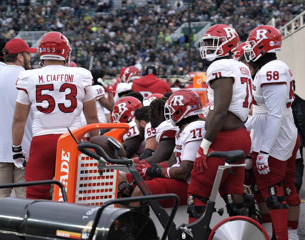 <p>Members of the Rutgers team sit on the bench during the match against the Spartans on Nov. 12, 2022. ﻿</p>