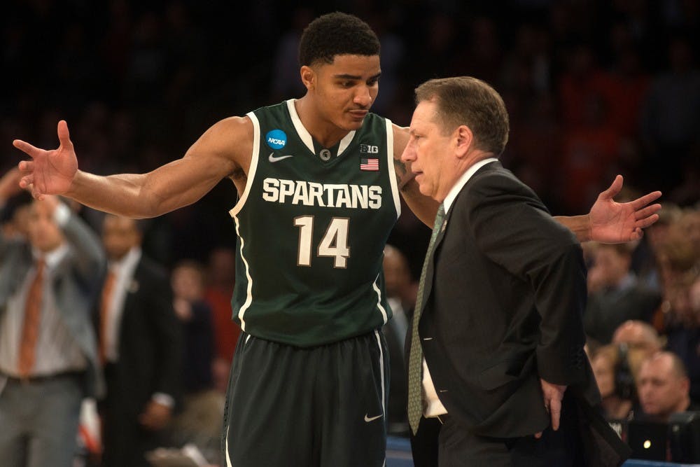 <p>Sophomore guard Gary Harris talks to head coach Tom Izzo on March 28, 2014, during the game against Virginia at Madison Square Garden in New York City during the NCAA tournament. The Spartans won, 61-59. Julia Nagy/The State News</p>