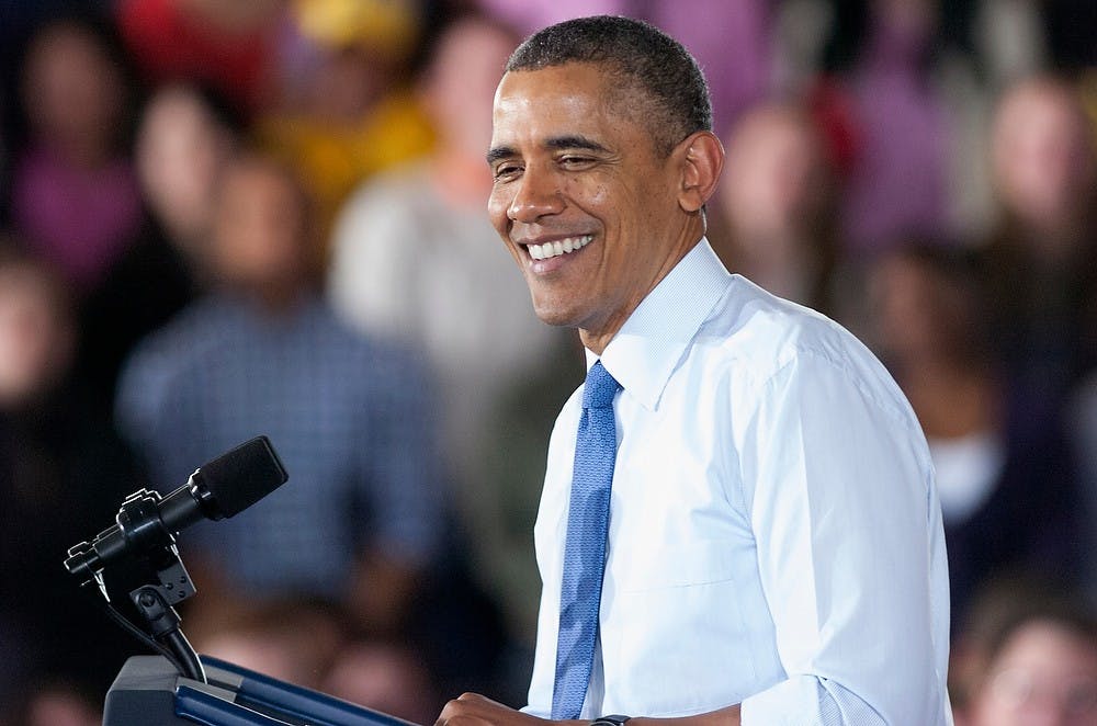 <p>President Barack Obama delivers a speech April 2, 2014, at the Intramural Sports Building at the University of Michigan in Ann Arbor. His speech focused on raising minimum wage. Betsy Agosta/The State News</p>