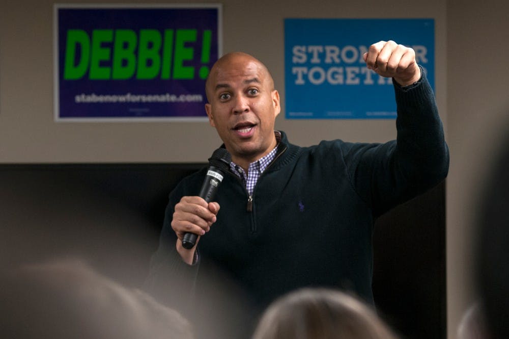 Senator Cory Booker speaks to attendants during a rally on Oct. 11, 2016 in the Union. Booker gave a speech during the event, which he attended alongside Michigan senators Debbie Stabenow and Gary Peters. 