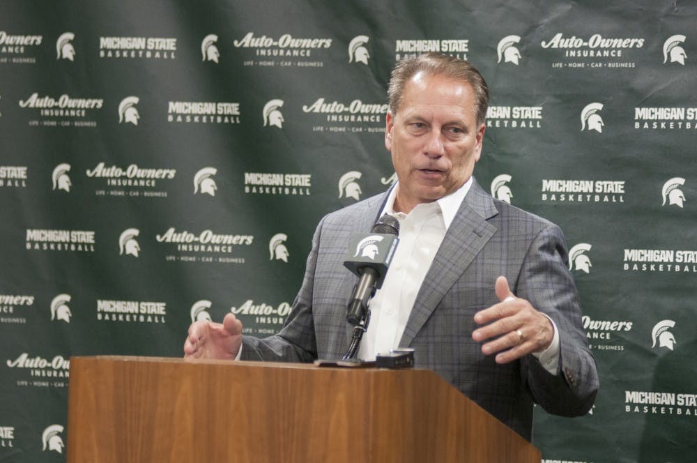 Head coach Tom Izzo answers a question during Men's Basketball media day on Oct. 20, 2016 in the Breslin Center. 