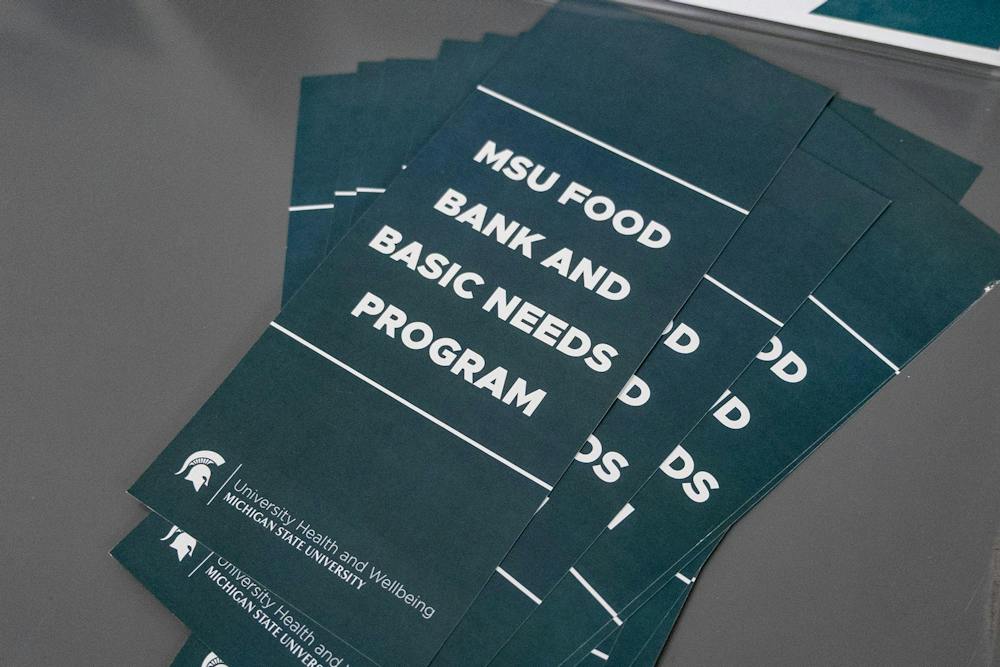 <p>MSU Food bank handouts for students sit on a table in Berkey Hall in East Lansing, Mich., on Wednesday Sept. 9, 2026.</p>