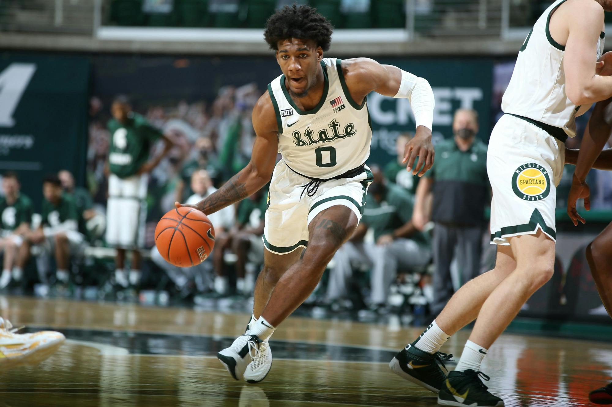 <p>Aaron Henry drives down the court during the Spartans&#x27; win over Rutgers on Jan. 5, 2021, at the Breslin Center. Henry scored 20 points in the game and scored 27 in the Spartans&#x27; previous win over Nebraska.</p>