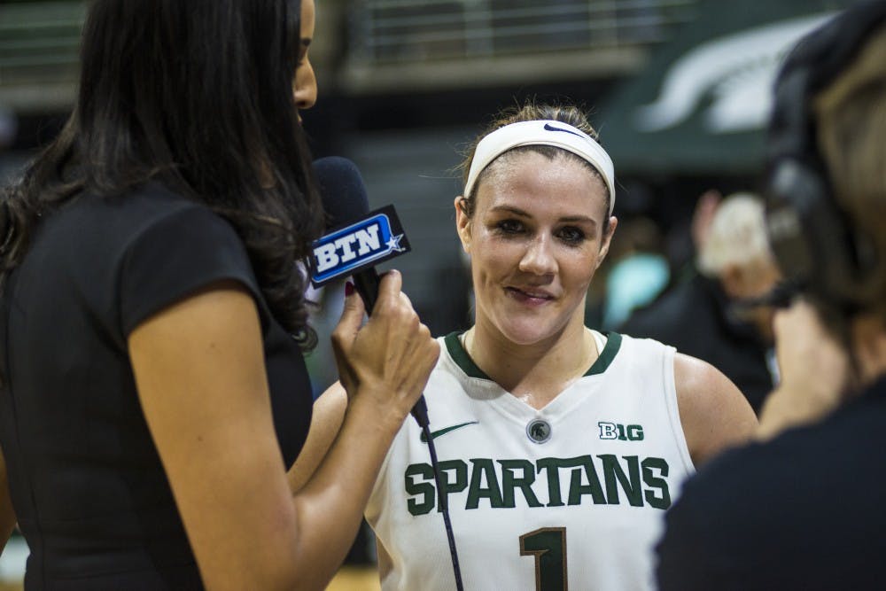 Senior guard Tori Jankoska (1) is interviewed after the women's basketball game against Ohio State on Jan. 10, 2017 at Breslin Center. In the first quarter, Jankoska broke MSU women's basketball all-time scoring record.  The Spartans defeated the Buckeyes, 94-75. Jankoska scored 42 points against the Buckeyes.