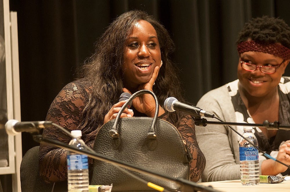 <p>Detroit resident Racquel Trammell speaks about her idea of womanhood April 6, 2015, during the #BlackTransLivesMatter program. The board of black-trans women shared stories of their struggle with violence against them. Kennedy Thatch/The State News</p>