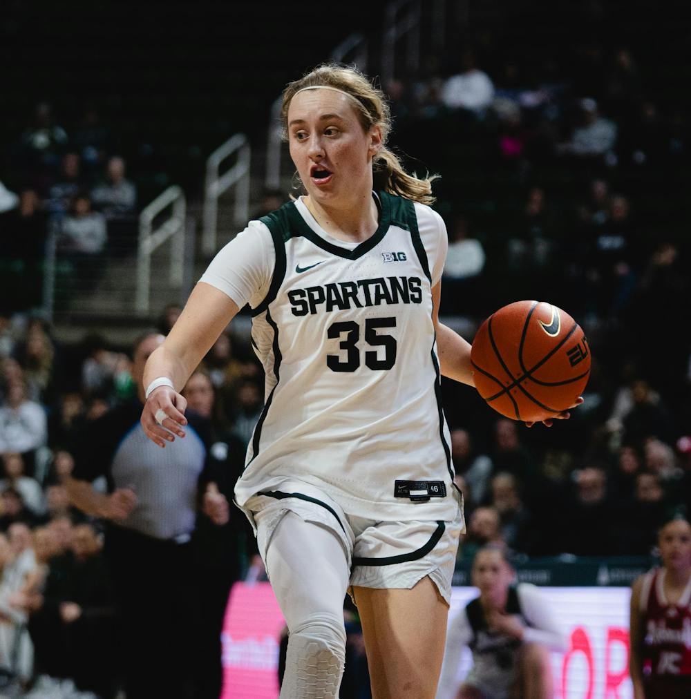 <p>MSU senior forward Grace VanSlooten (35) dribble the ball versus Nebraska at the Breslin Center in East Lansing, MI, on Jan. 15, 2026.</p>