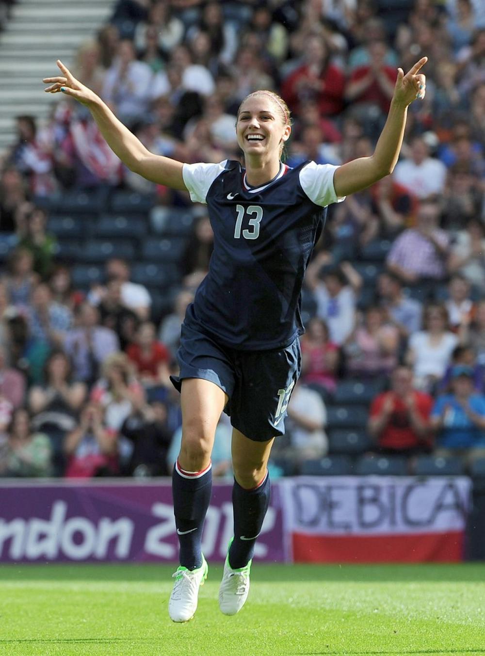 Alex Morgan (13) ties the game with a first half goal against France Wednesday, July 25, 2012 at legendary Hampden Park in Glasgow, Scotland. Though the Olympic Games' opening ceremony is not until Friday, soccer starts two days early. Cal-grad Morgan shined in her Olympic debut with two goals during the United States 4-2 victory. (Karl Mondon/Contra Costa Times/MCT)